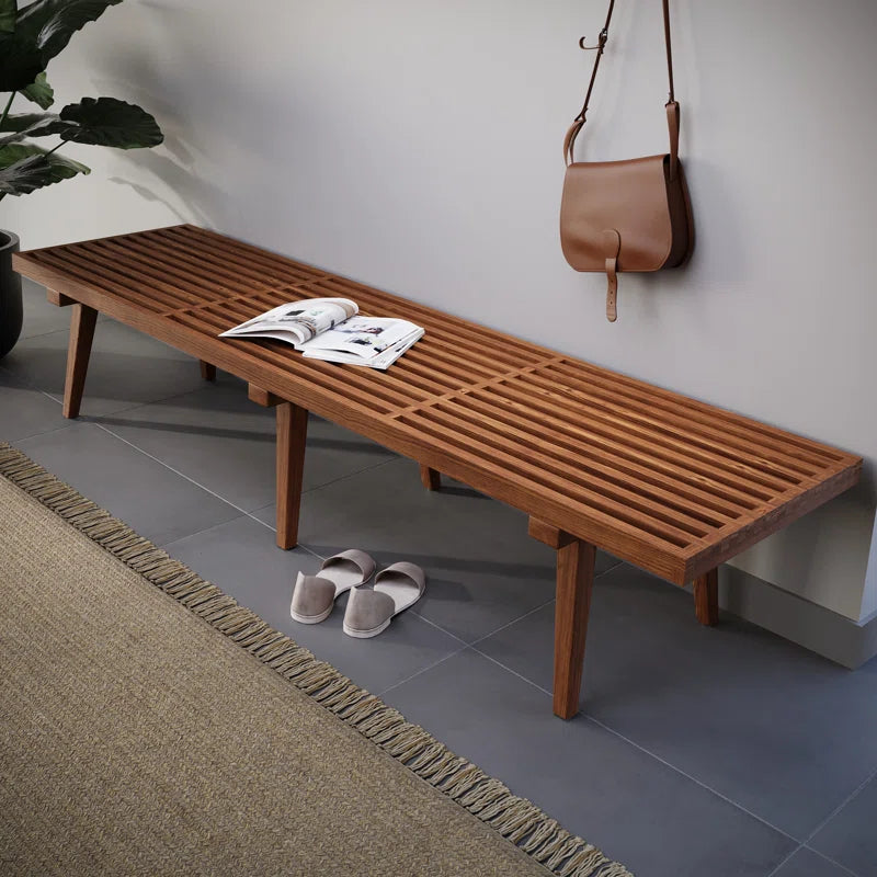 Oelax Rectangular Wooden Platform Bench with Slats Design Dining Kitchen Bench
