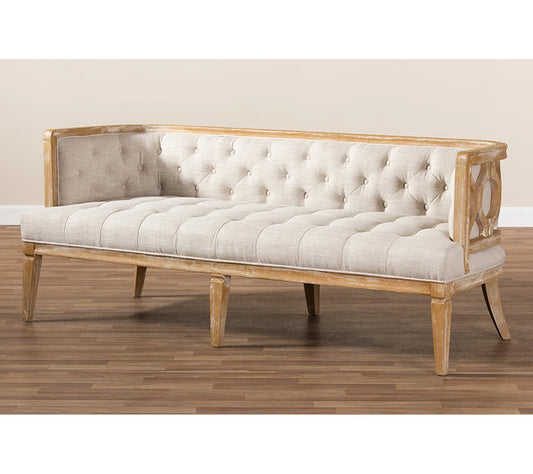 French Vintage Sofa – Solid Oak Frame with Beige Linen Upholstery