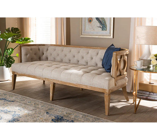 French Vintage Sofa – Solid Oak Frame with Beige Linen Upholstery