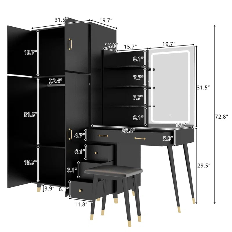 Taycrade Modern White Vanity with LED Mirror, Ample Storage, and Integrated Wardrobe