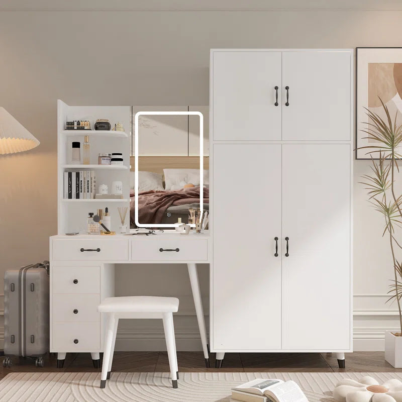 Taycrade Modern White Vanity with LED Mirror, Ample Storage, and Integrated Wardrobe