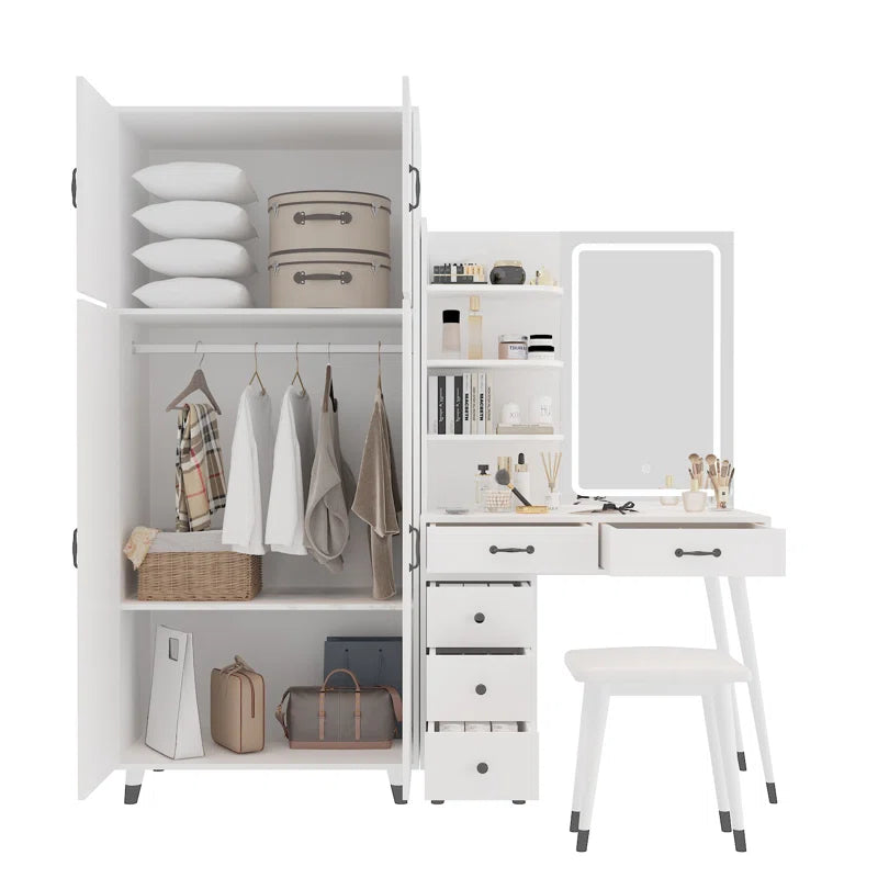 Taycrade Modern White Vanity with LED Mirror, Ample Storage, and Integrated Wardrobe