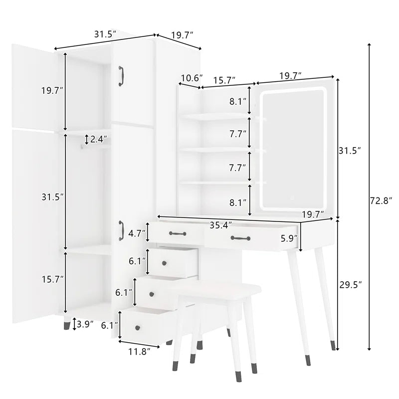 Taycrade Modern White Vanity with LED Mirror, Ample Storage, and Integrated Wardrobe