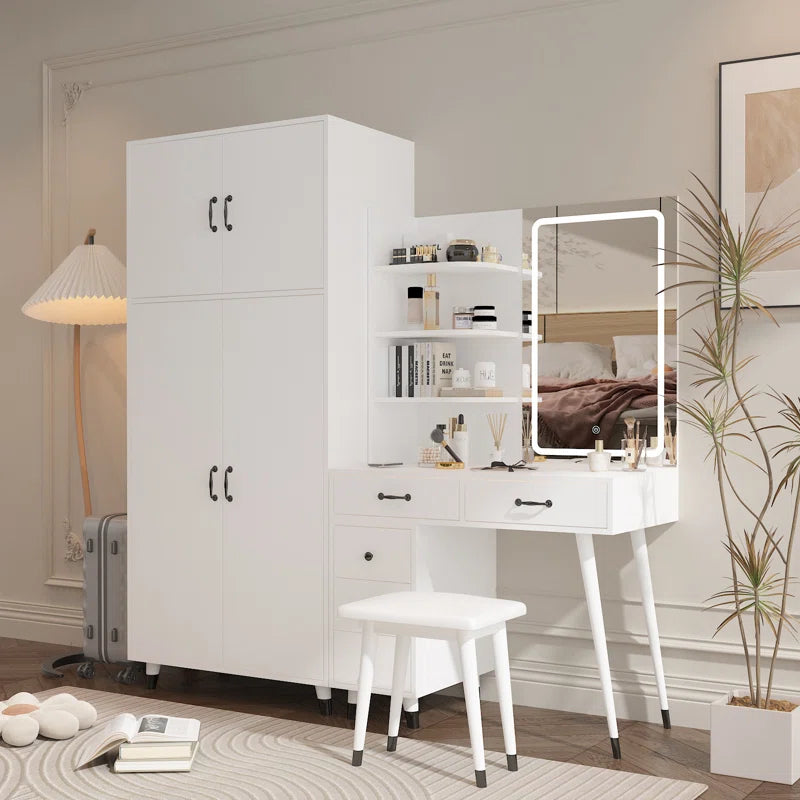 Taycrade Modern White Vanity with LED Mirror, Ample Storage, and Integrated Wardrobe