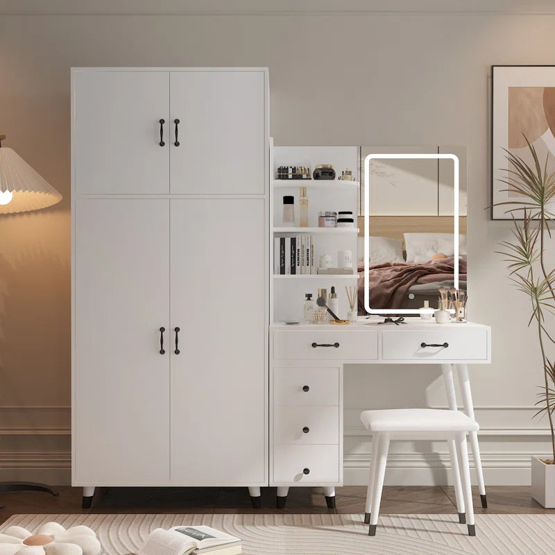 Taycrade Modern White Vanity with LED Mirror, Ample Storage, and Integrated Wardrobe