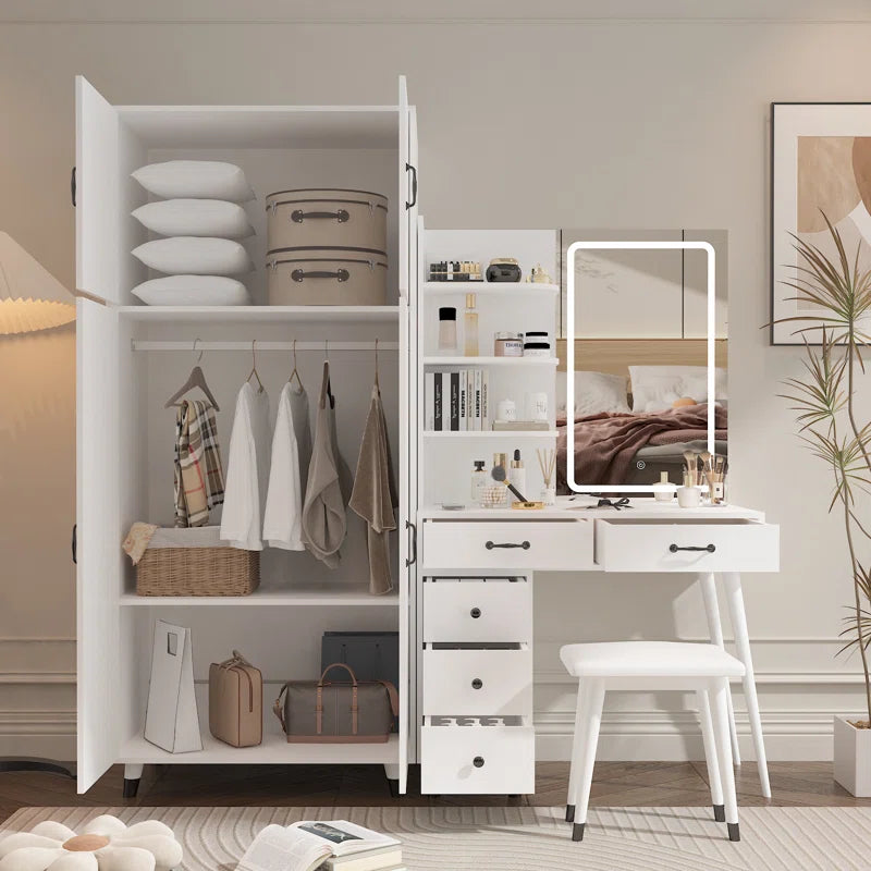 Taycrade Modern White Vanity with LED Mirror, Ample Storage, and Integrated Wardrobe