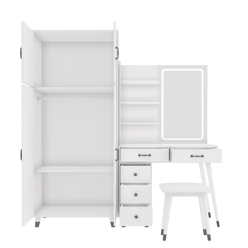 Taycrade Modern White Vanity with LED Mirror, Ample Storage, and Integrated Wardrobe