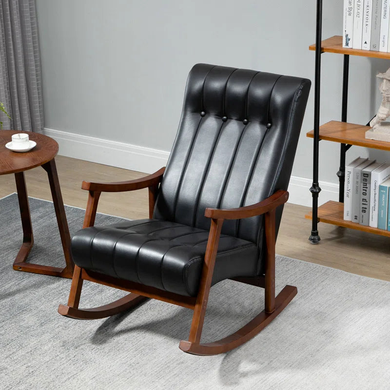 Jackyy Luxurious Black Leatherette Rocking Chair with Wooden Frame and High Backrest