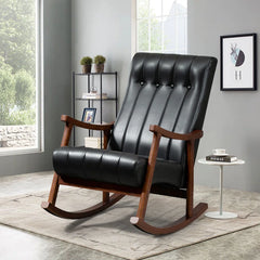 Jackyy Luxurious Black Leatherette Rocking Chair with Wooden Frame and High Backrest