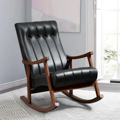 Jackyy Luxurious Black Leatherette Rocking Chair with Wooden Frame and High Backrest