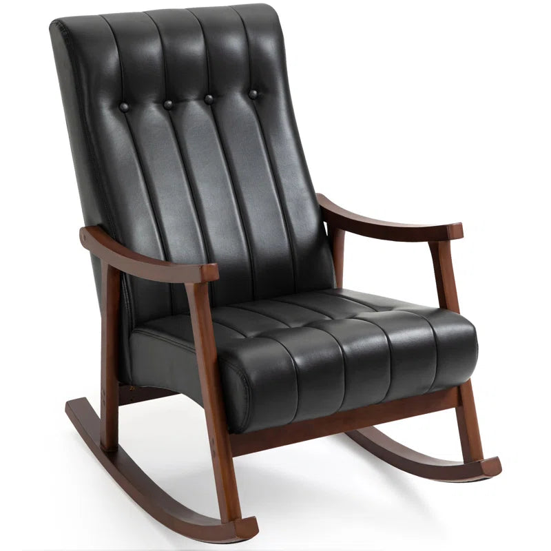 Jackyy Luxurious Black Leatherette Rocking Chair with Wooden Frame and High Backrest