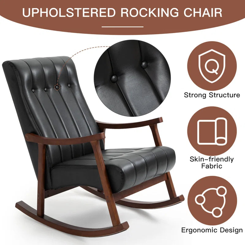 Jackyy Luxurious Black Leatherette Rocking Chair with Wooden Frame and High Backrest