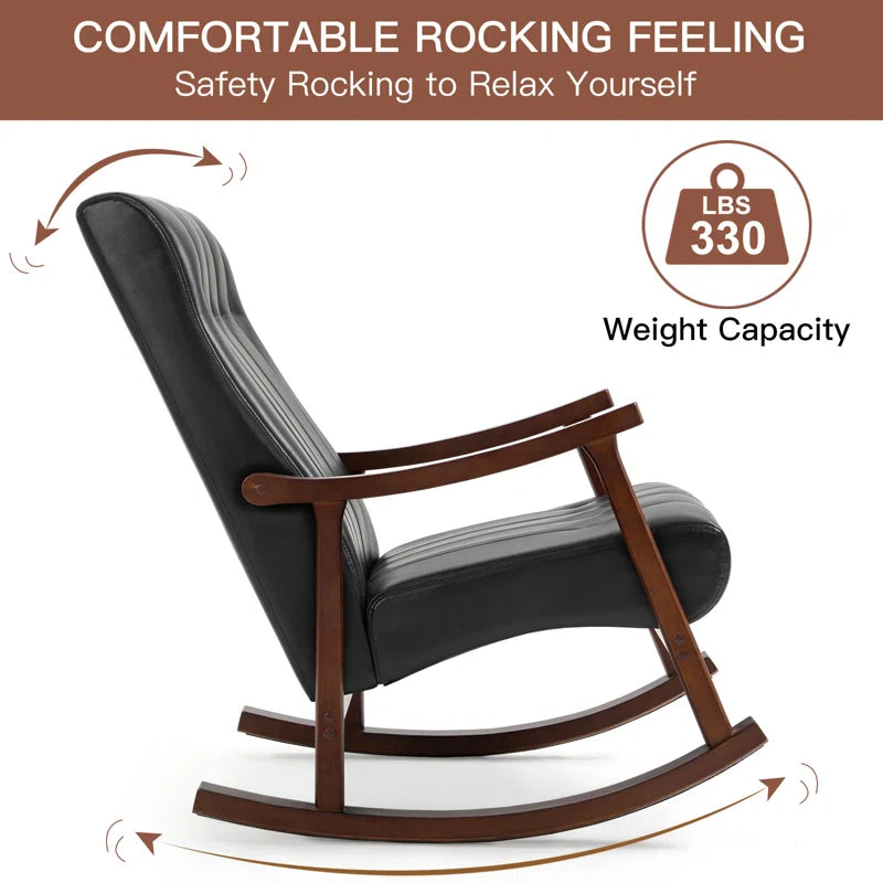 Jackyy Luxurious Black Leatherette Rocking Chair with Wooden Frame and High Backrest