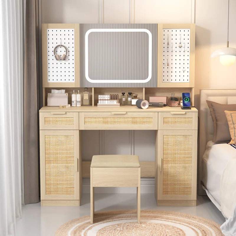 Daslop Large Makeup Vanity Set with LED Mirror Cabinet, USB & Power Outlet,3 Drawers and 5 Doors
