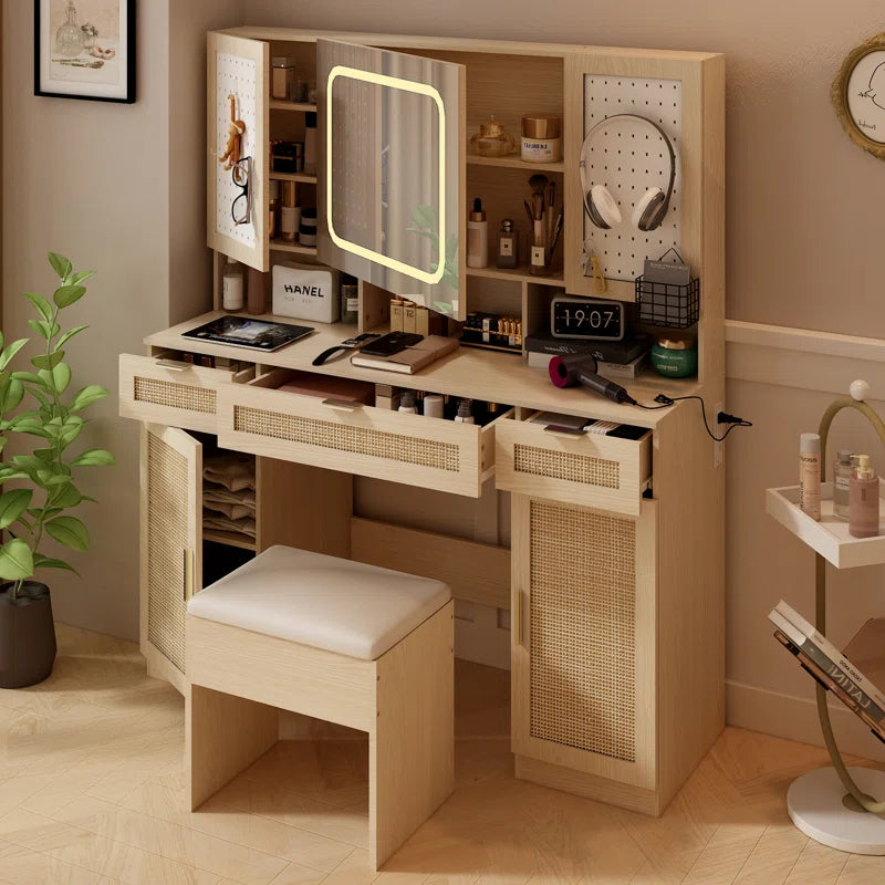 Daslop Large Makeup Vanity Set with LED Mirror Cabinet, USB & Power Outlet,3 Drawers and 5 Doors