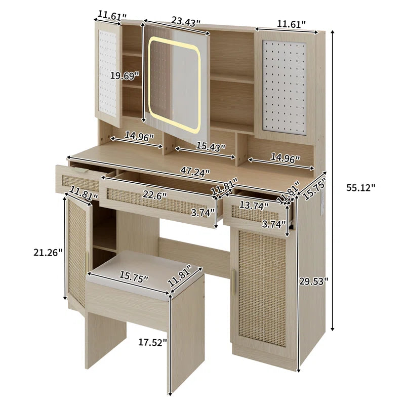 Daslop Large Makeup Vanity Set with LED Mirror Cabinet, USB & Power Outlet,3 Drawers and 5 Doors