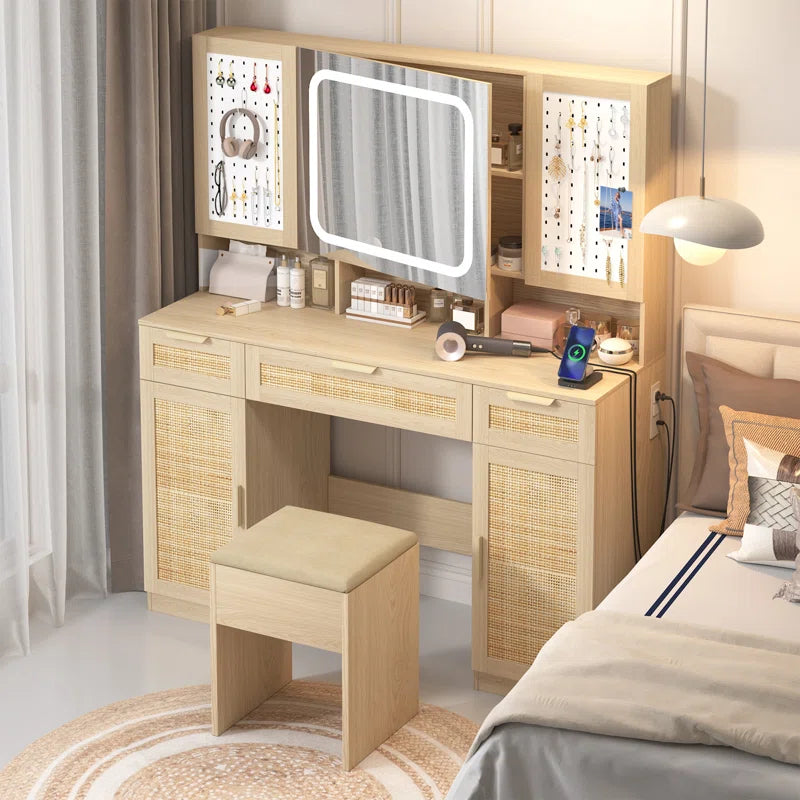 Daslop Large Makeup Vanity Set with LED Mirror Cabinet, USB & Power Outlet,3 Drawers and 5 Doors