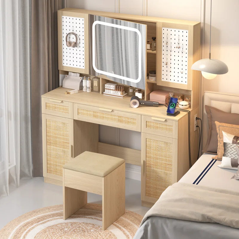 Daslop Large Makeup Vanity Set with LED Mirror Cabinet, USB & Power Outlet,3 Drawers and 5 Doors