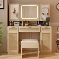 Daslop Large Makeup Vanity Set with LED Mirror Cabinet, USB & Power Outlet,3 Drawers and 5 Doors