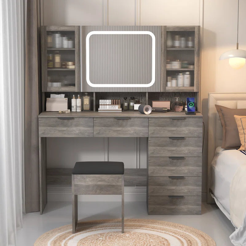 Nafrod Large Makeup Vanity Set with Lights USB & Power Outlet and 7 Drawers