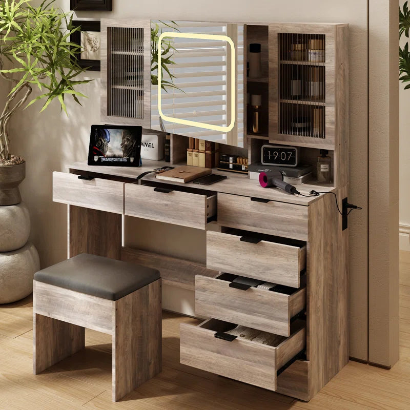 Nafrod Large Makeup Vanity Set with Lights USB & Power Outlet and 7 Drawers