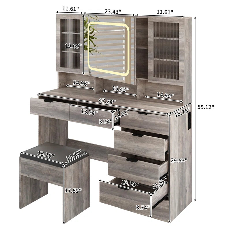 Nafrod Large Makeup Vanity Set with Lights USB & Power Outlet and 7 Drawers