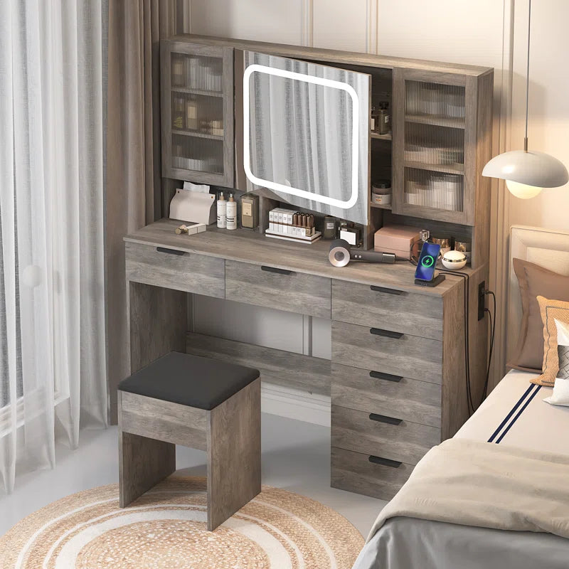 Nafrod Large Makeup Vanity Set with Lights USB & Power Outlet and 7 Drawers