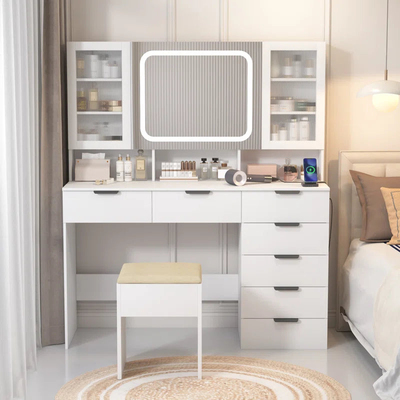 Nafrod Large Makeup Vanity Set with Lights USB & Power Outlet and 7 Drawers