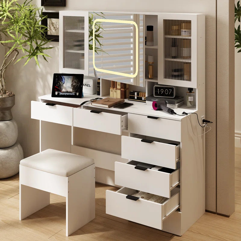 Nafrod Large Makeup Vanity Set with Lights USB & Power Outlet and 7 Drawers