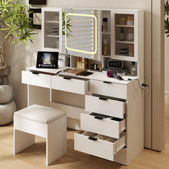 Nafrod Large Makeup Vanity Set with Lights USB & Power Outlet and 7 Drawers