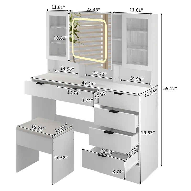 Nafrod Large Makeup Vanity Set with Lights USB & Power Outlet and 7 Drawers