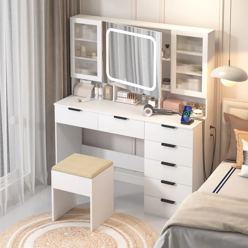 Nafrod Large Makeup Vanity Set with Lights USB & Power Outlet and 7 Drawers