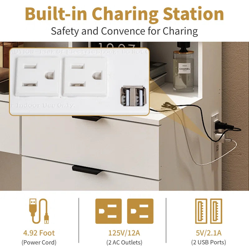 Nafrod Large Makeup Vanity Set with Lights USB & Power Outlet and 7 Drawers
