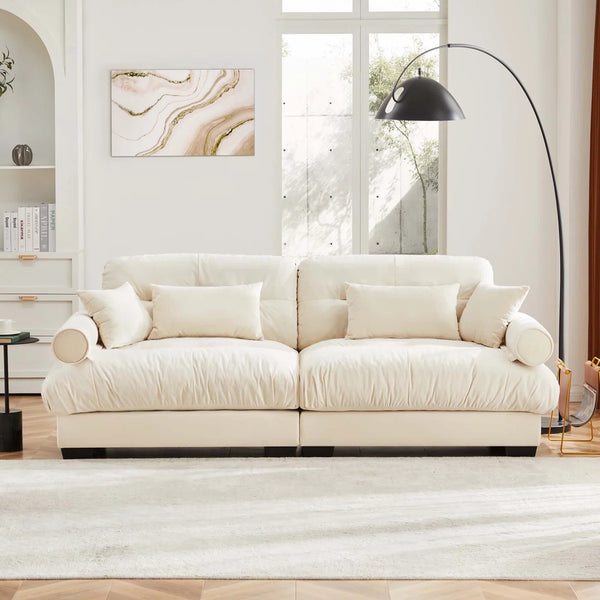 Modern Large 2-Seater Velvet Sofa with Bolstered Armrests & Pillows