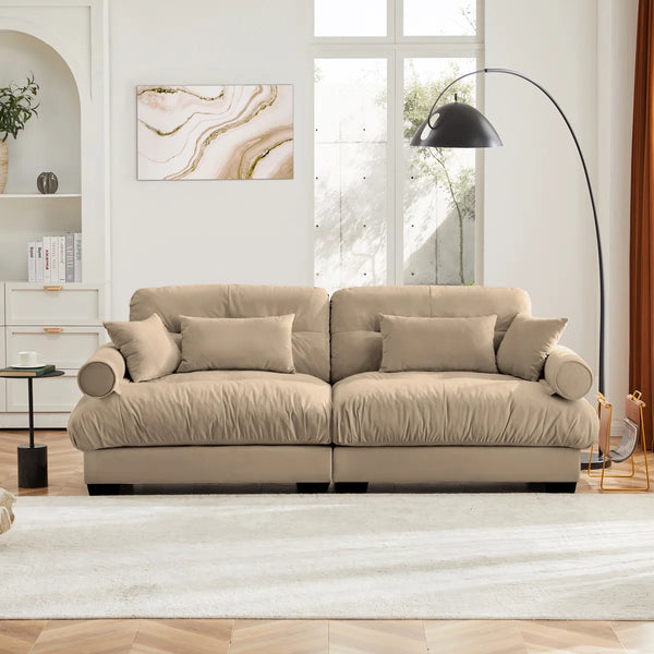 Modern Large 2-Seater Velvet Sofa with Bolstered Armrests & Pillows