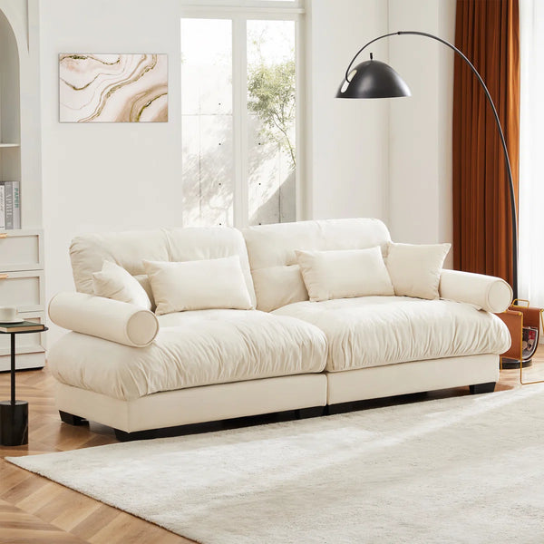 Modern Large 2-Seater Velvet Sofa with Bolstered Armrests & Pillows