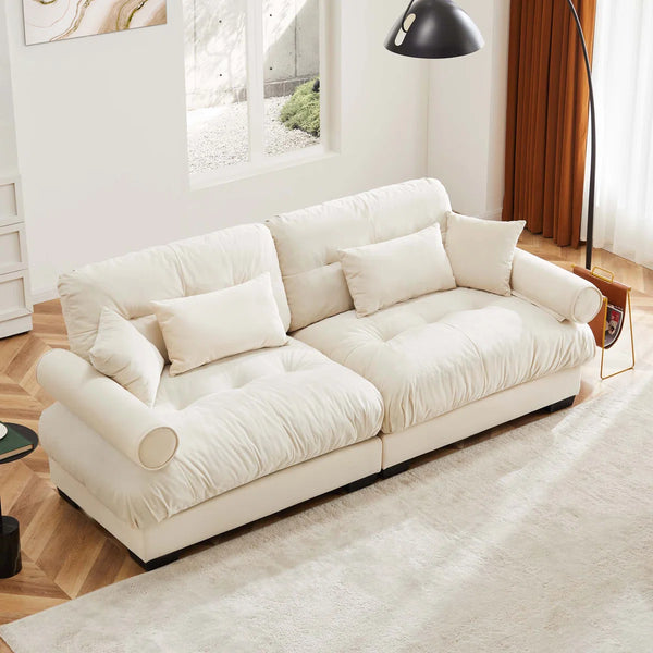 Modern Large 2-Seater Velvet Sofa with Bolstered Armrests & Pillows