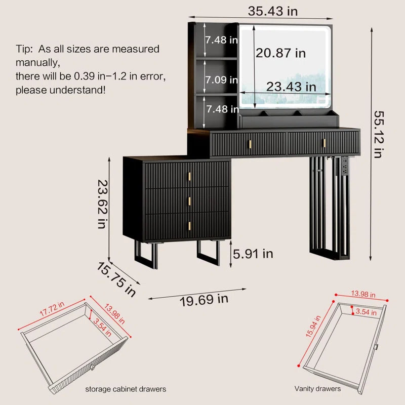 Perry Large Vanity Desk with Dimmable Touch Mirror, Charging Station & Storage Drawers