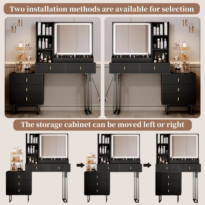 Perry Large Vanity Desk with Dimmable Touch Mirror, Charging Station & Storage Drawers