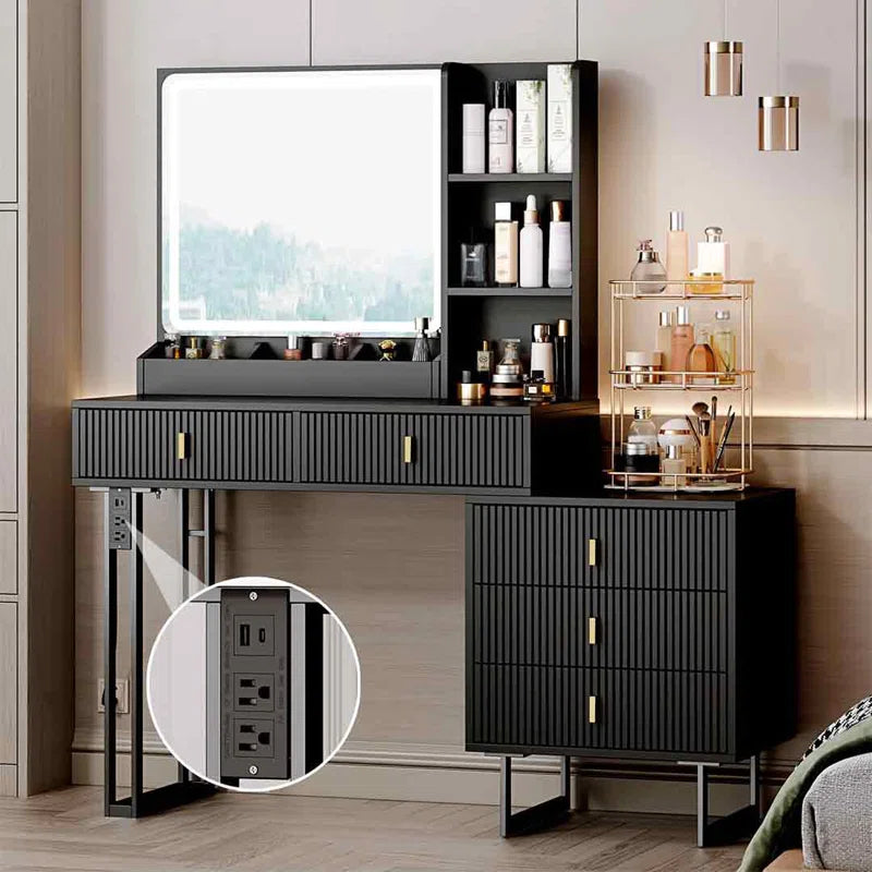 Perry Large Vanity Desk with Dimmable Touch Mirror, Charging Station & Storage Drawers