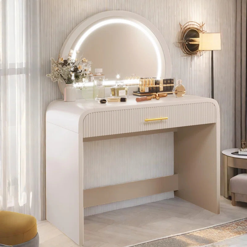 Faasterate Makeup Vanity Table with Touch Screen Lighted Mirror, Dressing Table with A Drawer and Curved Edges
