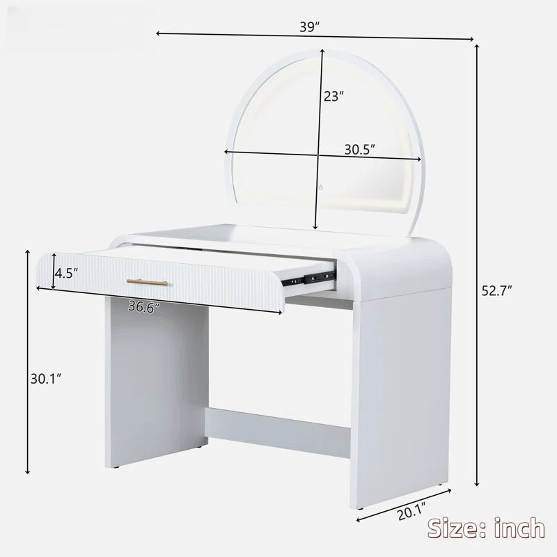 Faasterate Makeup Vanity Table with Touch Screen Lighted Mirror, Dressing Table with A Drawer and Curved Edges