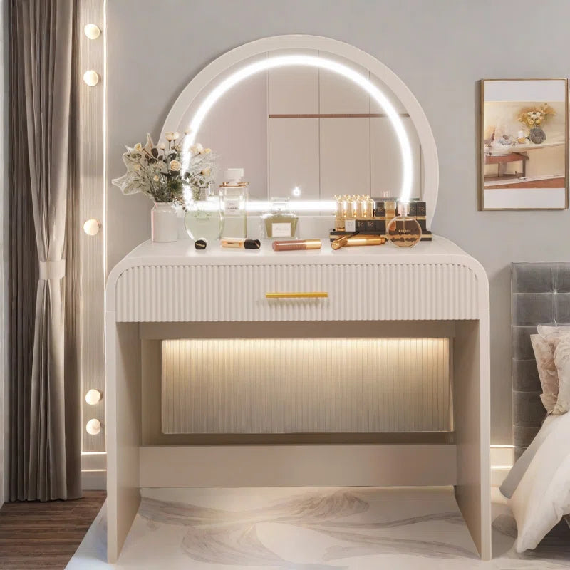 Faasterate Makeup Vanity Table with Touch Screen Lighted Mirror, Dressing Table with A Drawer and Curved Edges