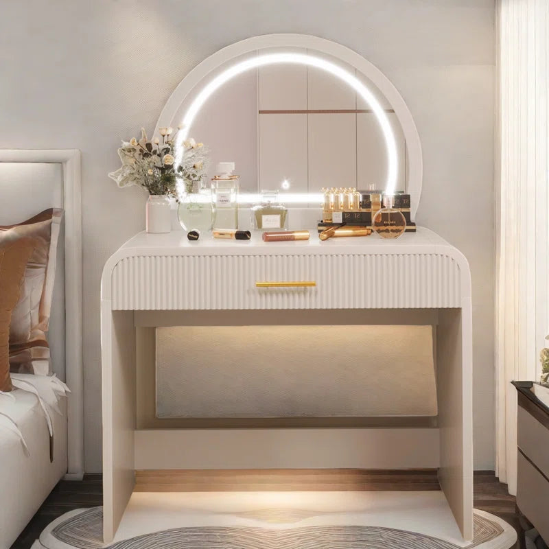 Faasterate Makeup Vanity Table with Touch Screen Lighted Mirror, Dressing Table with A Drawer and Curved Edges