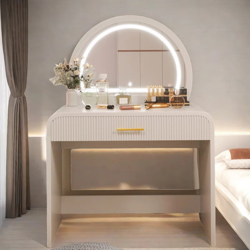 Faasterate Makeup Vanity Table with Touch Screen Lighted Mirror, Dressing Table with A Drawer and Curved Edges