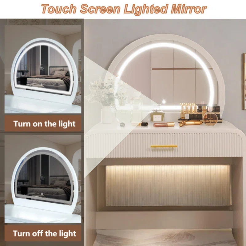 Faasterate Makeup Vanity Table with Touch Screen Lighted Mirror, Dressing Table with A Drawer and Curved Edges
