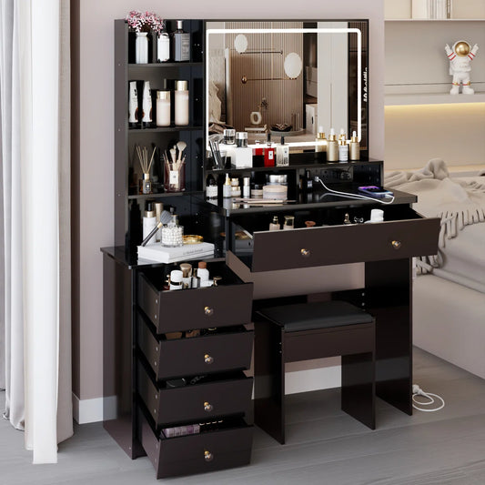 Bedside Vanity Table Set with LED Mirror, Power Station, Hair Dryer Stand & Stool