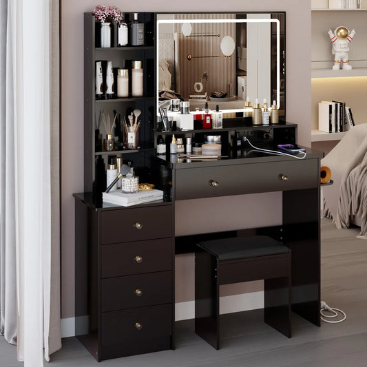 Bedside Vanity Table Set with LED Mirror, Power Station, Hair Dryer Stand & Stool