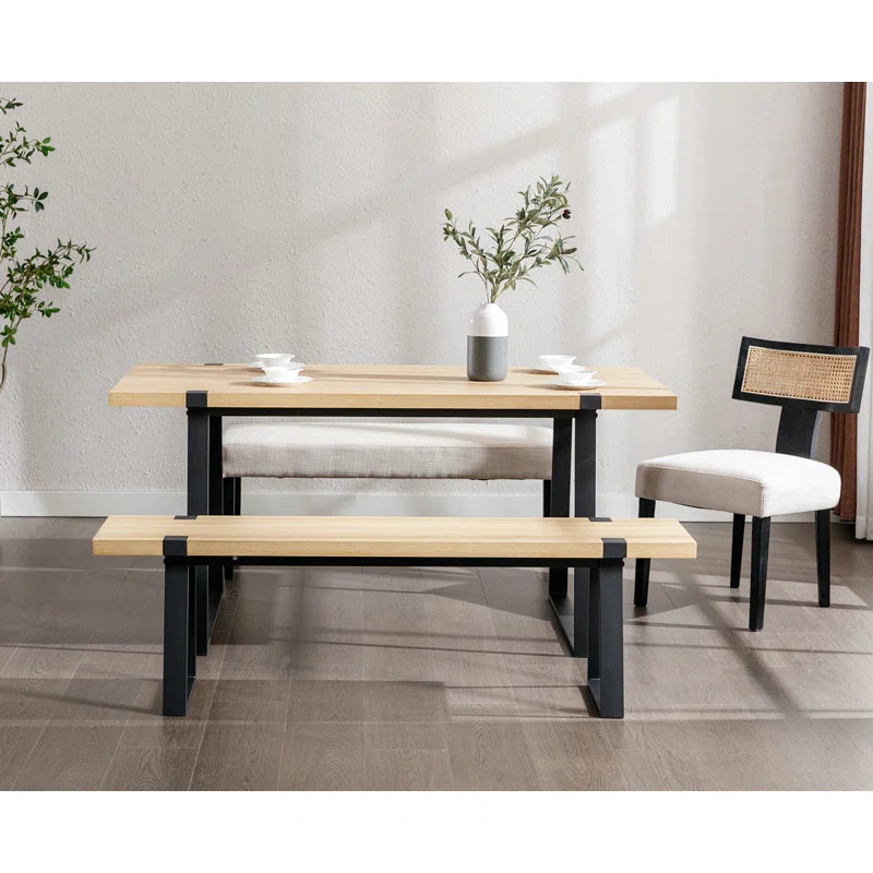 Narator Modern Wood Bench  Industrial Table Benches with Black Metal Legs for Dining Room