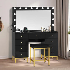 Resiter Vanity Table Set with Lighted Mirror & Charging Station & Stool - Wooden Bazar